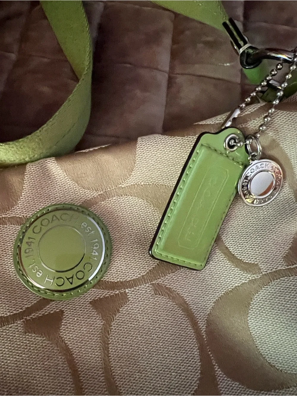 Coach Khaki Signature Crossbody with Lime Trim